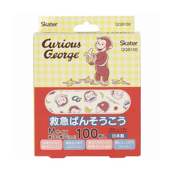 【商品詳細】大好きなキャラクターが一緒ならキズも早く治りそう。ポップでかわいいキャラクター絆創膏。・粘着力があり剥がれにくい。・通気孔がありムレにくい。・傷口に付きにくい特殊ネット使用。・肌にしっかりフィット!【商品サイズ(約)・入り数】サイズ：縦19×横72mm100枚入り※ご使用の際はパッケージの説明書きをよくお読みください。※商品によって柄の見え方は異なります。※掲載画像はあくまでイメージです。実際の商品とは色、柄等が異なる場合がございます。【生産国】日本製【送料について】北海道、沖縄、離島は送料を頂きます。