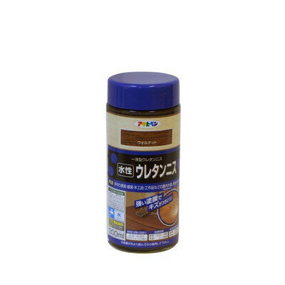 【商品説明】●着色と美しいツヤだしが同時にでき、木目をいかしたきれいなツヤに仕上がります。●塗膜は肉持ち感が良く、耐久性に優れています。●臭いが少なく、塗りやすい水性タイプです。【用途】●適した場所：屋内外区分　屋内用。●手作り家具・建具・木製品・工作品などの屋内木部（高級家具を除く)、無垢木材床。(フローリングを除く)●内容量：300mL●色：ウォルナット●重量：600g●標準塗り回数：2回塗り●光沢：ツヤあり●塗膜の仕上がり：半透明●塗料タイプ：合成樹脂(ウレタン)●乾燥時間：夏期　30分〜1時間/冬期　2〜3時間●塗り重ね時間の目安：夏期　2時間以上/冬期　6時間以上●塗り面積：2.3〜4.2平方メートル(タタミ1.4〜2.5枚)●用途以外に使用しないで下さい。●食器など、口や食品に直接触れるものには塗らないで下さい。●ピアノ、美術工芸品、高級家具（桐の家具など）には塗らないで下さい。●油加工（ロウ仕上げやワックス）、UV塗装、セラミック塗装、化粧合板などの密着の悪い素材、湿っている素材、ひどく汚れている素材などには塗らないで下さい。●体調の悪いとき、アレルギー・化学物質に敏感な人は使用しないで下さい。●目に入ったり、皮膚に付着しないよう、また誤飲しないよう注意して取扱って下さい。●ニスがついても支障がない服装で作業して下さい。●塗装中、乾燥中とも換気を良くし、その後も塗料の臭いがなくなるまでは、ときどき換気をして下さい。●あらかじめ目立たない部分、または同種の木材で試し塗りをして、色・乾燥性・下地への影響・密着性などを確かめてから塗って下さい。●塗るときおよび塗ったニスが乾くまでの間も、5℃以下にならないような時間に塗って下さい。●乾燥が遅くなったり、泡が残ったりしますので、一度に厚く塗らないで下さい。●塗装はニス用の化繊ハケが適しています。獣毛が混ざったハケを使用するとハケが固まる場合があります。また、ローラー、コテバケでの塗装は泡立ちますので、避けて下さい。●古い塗膜が残っていると色むらになる場合がありますので、古い塗膜は充分に取り除いて下さい。●塗装した上にテーブルクロスなどの塩化ビニル製品を使用したり、置いたりしないで下さい。その際は、本品ではなく、アサヒペン水性高耐久2液ウレタンニスを塗装して下さい。●耐熱性、耐溶剤性、硬度などの塗膜性能については、アサヒペン水性高耐久2液ウレタンニスの方が優れていますので、使用する部分に応じて使い分けて下さい。●熱したヤカンなどを直接塗装した上に置かないで下さい。●ヤニのある箇所は、ラッカーうすめ液でヤニを充分に拭き取って下さい。また、ヤニやアクの多い下地に塗装した場合、乾燥が著しく遅くなることや乾かないことがあります。●塗り面積・乾燥時間は、塗布量・下地・塗り方・気象条件などによって異なります。●容器は塗料を使い切ってから捨てて下さい。やむを得ず塗料を捨てるときは、アサヒペン水性・油性兼用塗料固化剤で固化するか、新聞紙などに塗り広げ、完全に乾かしてから捨てて下さい。※メーカーの都合によりパッケージ、内容等が変更される場合がございます。当店はメーカーコード（JANコード）で管理をしている為それに伴う返品、返金等の対応は受け付けておりませんのでご了承の上お買い求めください。【代引きについて】こちらの商品は、代引きでの出荷は受け付けておりません。【送料について】北海道、沖縄、離島は送料を頂きます。