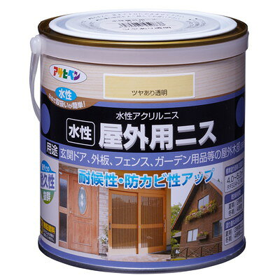 【商品説明】●水性木部塗料が塗装された木材に上塗りすることで、ツヤありに仕上がる屋外用ニスです。●木材に塗装することで、木材の変色を防いだり、木材の耐久性が向上します。●水性なのでニオイが少なく、取扱いが簡単です。●玄関ドア、外板、フェンス、ガーデン用品等の屋外木部（床を除く）に。●塗料タイプはアクリル樹脂塗料（アクリル樹脂を主成分とする塗料。耐候性、耐アルカリ性に優れる）です。●【下地処理など】：古い塗膜や木材表面が劣化している場合は、ナイロンブラシ、ナイロンタワシなどで水洗いし、できるだけ表面層を除去して、よく乾かします。塗装した際に塗料がはじく場合には、塗装面をサンドペーパー（＃400〜＃600）などで研磨してから、塗装して下さい。●内容量：0．7L●標準塗り回数：2回塗り●塗装面積の目安（1回塗り）：4．0〜5．2m2（タタミ2．4〜3．1枚分）●光沢：ツヤあり●塗膜の仕上がり：透明（木目を生かす）●屋内外区分：屋外用●塗料タイプ：アクリル樹脂塗料●乾燥時間の目安：夏期／2時間　冬期／4時間●塗り重ね時間の目安：夏期／2時間以上　冬期／4時間以上●表示の用途以外には使用しないで下さい。●テーブルやカウンターの天面、化粧合板、絶えず水がかかったり、水につかる場所、常に湿っている箇所には適しません。●食器など、口や食品に直接触れるものには塗らないで下さい。●ピアノ、美術工芸品、高級家具（桐の家具など）には塗らないで下さい。●油加工（ロウ仕上げやワックス）、UV塗装、セラミック塗装、プリント合板、化粧合板などには適しません。●皮膚が直接接するような木部や犬小屋や鳥かご、その他ペットがなめたり、かじったりするような木部には塗らないで下さい。●塗装は雨の降りそうな日や湿度の高い日は避け、天気の良い日に塗って下さい。また塗装中、乾燥中ともに5℃以下になるときは塗らないで下さい。●塗りにくいときは水（5％以内）でうすめて下さい。●塗装はニスステイン用の化繊ハケが適しています。獣毛が混ざったハケを使用するとハケが固まる場合があります。ローラー、コテバケでの塗装は泡立ちますので、避けて下さい。●使い終えたハケや用具は乾かないうちに、新聞紙かボロ布でできるだけ塗料を拭き取り、水かぬるま湯で洗ってください。※メーカーの都合によりパッケージ、内容等が変更される場合がございます。当店はメーカーコード（JANコード）で管理をしている為それに伴う返品、返金等の対応は受け付けておりませんのでご了承の上お買い求めください。【代引きについて】こちらの商品は、代引きでの出荷は受け付けておりません。【送料について】北海道、沖縄、離島は送料を頂きます。