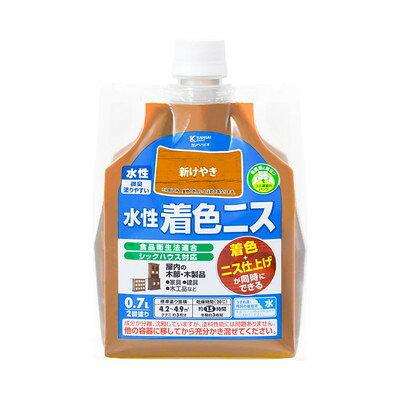 【商品説明】●木目を生かした着色と美しいツヤの二ス仕上げが同時にできます。●臭いが少なく、乾燥も速く、使いやすい水性タイプ。※乾くと水で流れ落ちる事はありません。●シックハウスに対応したF☆☆☆☆及び食品衛生法に適合した安全性の高い二スです。【用途】家具・建具・木工品など屋内の木部・木製品。【塗れないもの】高級家具、床面、テーブル天面、吸い込みのない素材(プリント合板・デコラ板)、UV塗装やセラミック塗装をしたもの、常に水に浸かっている所●容量：0.7L●色：新けやき●商品サイズ（幅×奥行×高さ）：125×60×180●商品重量(g)：722●乾燥時間：約1時間30分（20℃）約3時間（冬期）●重ね塗り時間：約3時間以上（20℃）約6時間以上（冬期）●塗り面積（m2）：約4.2〜4.9●塗り重ね回数：2回※メーカーの都合によりパッケージ、内容等が変更される場合がございます。当店はメーカーコード（JANコード）で管理をしている為それに伴う返品、返金等の対応は受け付けておりませんのでご了承の上お買い求めください。【代引きについて】こちらの商品は、代引きでの出荷は受け付けておりません。【送料について】北海道、沖縄、離島は送料を頂きます。