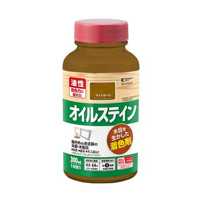 【商品説明】●木目をいかした、鮮やかな着色仕上げができます。着色力と耐久性に優れているので屋外でも使用できます。●着色力に優れた油性タイプ。【用途】家具・建具・木工品など屋内の未塗装の木部・木製品。【塗れないもの】高級家具、床面、テーブル天面、吸い込みのない素材(プリント合板・デコラ板)、UV塗装やセラミック塗装をしたもの、常に水に浸かっている所※必ず用途に応じたニスを上塗りしてください。※旧塗膜がある場合は完全に取り除く必要があります。●容量：300ml●色：ライトオーク●商品サイズ（幅×奥行×高さ）：68Φ×143●商品重量(g)：575●乾燥時間：約1時間(20℃)約2時間(冬期)●重ね塗り時間：4時間以上(20℃)8時間以上(冬期)●塗り面積（m2）：約4.5〜5.4●塗り重ね回数：1回※メーカーの都合によりパッケージ、内容等が変更される場合がございます。当店はメーカーコード（JANコード）で管理をしている為それに伴う返品、返金等の対応は受け付けておりませんのでご了承の上お買い求めください。【代引きについて】こちらの商品は、代引きでの出荷は受け付けておりません。【送料について】北海道、沖縄、離島は送料を頂きます。