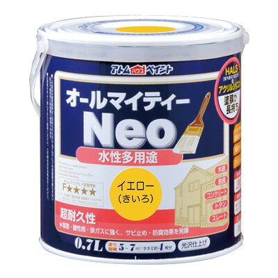 【商品説明】●カラーやサイズのバリエーションも豊富で学園祭や体育祭、文化祭をはじめ本格的な建築用途まで幅広い用途、幅広いお客様から支持されている塗料です。●別売りの｢アトムつや調整剤｣を使用することで、オールマイティーネオのつやを調整することができます。●商品サイズ(約):D112×W112×H118mm●商品重量(約):1010g●【属性・仕上がり感・塗り回数】:水性つやあり仕上げ/1回塗り(薄く2回塗りを推奨)●【用途】:(コンクリート)モルタル、ブロック、外かべ等/(スレート)スレート屋根、スレート瓦/(トタン(屋根除く))トタン板、下見トタン●【塗り面積】:84ML/0.8m2(タタミ枚数換算約0.5枚)200ML/2m2(タタミ枚数換算約1.3枚)0.7L/5〜7m2(タタミ枚数換算約4枚)1.6L/10〜15m2(タタミ枚数換算約8枚)3L/19〜28m2(タタミ枚数換算約14枚)7L/50〜70m2(タタミ枚数換算約35〜45枚)14L/100〜140m2(タタミ枚数換算約70〜90枚)●【表面乾燥時間】:夏期/約1時間、冬期/約2〜3時間(※気温23度、湿度50%時の場合)●【うすめ液/刷毛洗い】:通常/不要、濃い時/水ハケ洗い/水●色見本はご使用端末により若干の誤差がございますので、ご注意ください。●鉄部の塗装は錆が激しい場合、さび止め塗料を塗ってからの上塗りをお奨めします。●冬季は乾燥不良を避けるため、日中に塗装が終了するように作業してください。●結露等により、剥がれの原因となります。※メーカーの都合によりパッケージ、内容等が変更される場合がございます。当店はメーカーコード（JANコード）で管理をしている為それに伴う返品、返金等の対応は受け付けておりませんのでご了承の上お買い求めください。【代引きについて】こちらの商品は、代引きでの出荷は受け付けておりません。【送料について】北海道、沖縄、離島は送料を頂きます。
