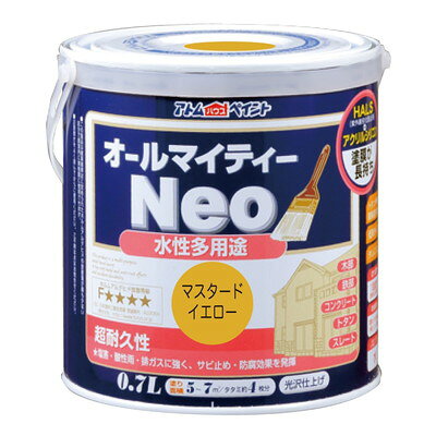 【商品説明】●カラーやサイズのバリエーションも豊富で学園祭や体育祭、文化祭をはじめ本格的な建築用途まで幅広い用途、幅広いお客様から支持されている塗料です。●別売りの｢アトムつや調整剤｣を使用することで、オールマイティーネオのつやを調整することができます。●商品サイズ(約):D112×W112×H118mm●商品重量(約):1010g●【属性・仕上がり感・塗り回数】:水性つやあり仕上げ/1回塗り(薄く2回塗りを推奨)●【用途】:(コンクリート)モルタル、ブロック、外かべ等/(スレート)スレート屋根、スレート瓦/(トタン(屋根除く))トタン板、下見トタン●【塗り面積】:84ML/0.8m2(タタミ枚数換算約0.5枚)200ML/2m2(タタミ枚数換算約1.3枚)0.7L/5〜7m2(タタミ枚数換算約4枚)1.6L/10〜15m2(タタミ枚数換算約8枚)3L/19〜28m2(タタミ枚数換算約14枚)7L/50〜70m2(タタミ枚数換算約35〜45枚)14L/100〜140m2(タタミ枚数換算約70〜90枚)●【表面乾燥時間】:夏期/約1時間、冬期/約2〜3時間(※気温23度、湿度50%時の場合)●【うすめ液/刷毛洗い】:通常/不要、濃い時/水ハケ洗い/水●色見本はご使用端末により若干の誤差がございますので、ご注意ください。●鉄部の塗装は錆が激しい場合、さび止め塗料を塗ってからの上塗りをお奨めします。●冬季は乾燥不良を避けるため、日中に塗装が終了するように作業してください。●結露等により、剥がれの原因となります。※メーカーの都合によりパッケージ、内容等が変更される場合がございます。当店はメーカーコード（JANコード）で管理をしている為それに伴う返品、返金等の対応は受け付けておりませんのでご了承の上お買い求めください。【代引きについて】こちらの商品は、代引きでの出荷は受け付けておりません。【送料について】北海道、沖縄、離島は送料を頂きます。