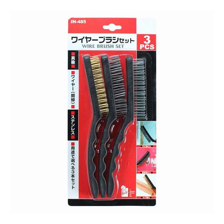 商品情報●用途で選べる3本セット!。●サビ落としや汚れ落としにブラシの材質で使い分けできる3本セットです。●1本サイズ(mm):225×40×20。●1本質量(g):62。●セット内容:[真鍮] 真鍮・銅・木工製品に [ステンレス] ステンレス・アルミ製品に [ワイヤー(鋼線)] 鉄・金属製品に。●入数:3本セット。●カラー：ブラック●製造国：中国●ブラシ作業においては必ず、安全メガネ、手袋など、安全保護具を着用してください。【代引きについて】こちらの商品は、代引きでの出荷は受け付けておりません。【送料について】北海道、沖縄、離島は送料を頂きます。