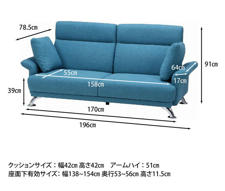 ソファ ハイバックソファ 3人掛け 幅196 ターコイズブルー おしゃれ 北欧 ファブリック カフェ ソファー sofa 三人掛け 3P ローソファ フロアソファ かわいい(代引不可)【送料無料】