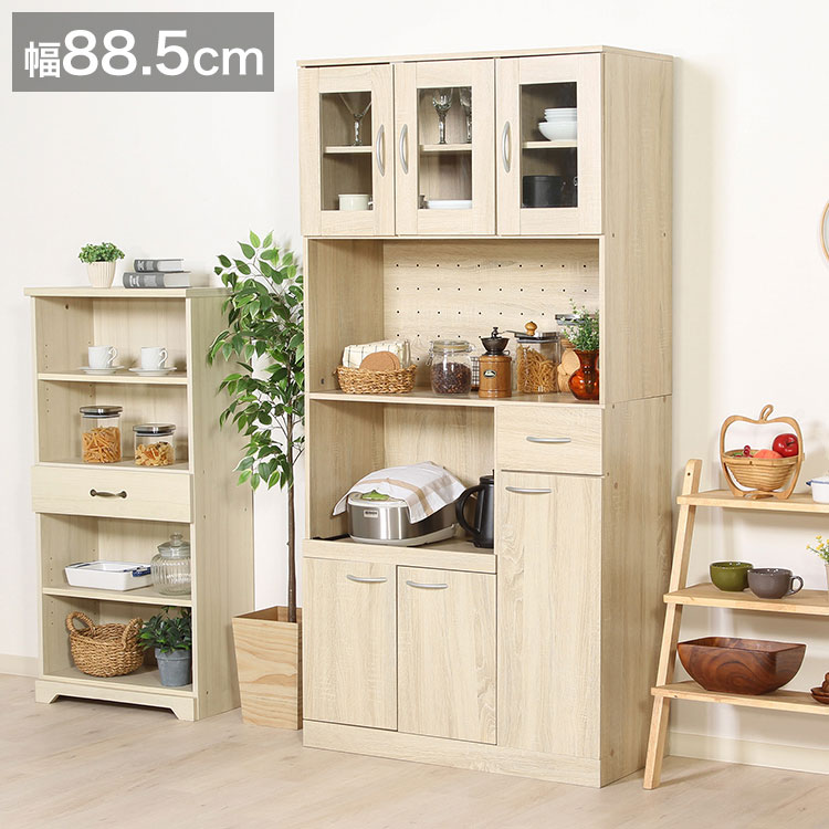 キッチンボード 幅88.5cm 食器棚 ホワイトオーク 木目調 ガラス扉 大容量収納 引き出し レンジ台 スライド棚 北欧 おしゃれ シンプル キッチン収納 キッチンキャビネット 炊飯器 トースター(代引不可)【送料無料】