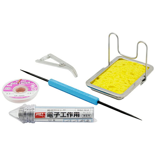 【用途】プリント基板などのはんだ付けサポート材。【機能・特徴】お得な道具・材料のセットです。別売りの付芯はんだこてと一緒にお使いください。電子工作用はんだ・こて台・ヒートクリップ曲がり・吸取線・ソルダーアシスト(ナイフ&スクレッパー)の5点セットです。【仕様】●はんだ組成：錫60パーセント、鉛40パーセント。●はんだ径：1.0mm、長さ約3m。●はんだ融点：183−190度。●セット内容：電子工作用はんだ・こて台・ヒートクリップ曲がり・吸取線・ソルダーアシスト(ナイフ&スクレッパー)。【商品サイズ】幅90× 高さ290× 奥行30mm 重量100g【送料について】北海道、沖縄、離島は送料を頂きます。