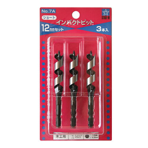 【用途】一般木材12mm穴あけ用のドリル。【機能・特徴】従来のドリルよりも、先ネジとケガキ刃の部分を小さくすることで一般木材への穴あけ作業時の切削抵抗が抑えられるので、インパクトドライバのバッテリーが長持ちします。インパクトドライバ・充電ドリルでご使用いただけます。【仕様】●6.35mm六角軸。【材質】●軸：普通鋼。●刃：普通鋼。【商品サイズ】幅12×高さ100×奥行12mm　重量31g【注意事項ほか】高速回転(2500回転/分以上)の電動工具では使用しないでください。【送料について】北海道、沖縄、離島は送料を頂きます。