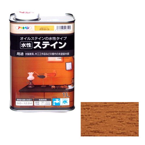【用途】木製家具、木工作品などの屋内の未塗装木部への着色。【機能・特徴】上塗り不要です(そのまま仕上げることが出来ますが、保護の目的で用途に応じたニス(クリヤ)の上塗りをお勧めします)。ラッカー系、ポリウレタン系ニスの上塗りが可能です。消防法上の非危険物です。【仕様】●内容量：1L。●色：ライトオーク。●標準塗り面積(2回塗り)：9〜12.2m2。●乾燥時間：夏期30〜50分・冬期1〜2時間。●一般名：水性アクリル樹脂木部着色剤。【商品サイズ】幅118×高さ185×奥行63mm　重量1200g【注意事項ほか】●床の着色に使用する場合は、必ず床用のニスを上塗りして下さい。●うすめずに塗ってください。●用具は、塗料が乾かないうちに水か湯で洗ってください。【送料について】北海道、沖縄、離島は送料を頂きます。