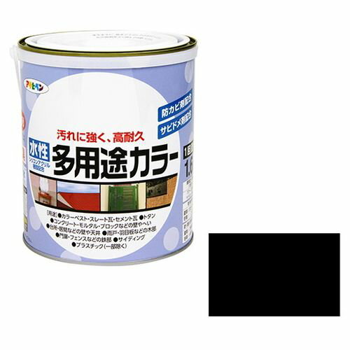 【用途】屋内外の木部、鉄部、コンクリート等への塗装。【機能・特徴】強力防カビ剤を配合していますので、長時間カビの発生を防ぎます。サビドメ剤を配合していますので、サビの発生を防ぎます。嫌な臭いのしない無臭タイプで1回塗りで仕上がります。厚塗りしてもタレにくく、大変塗りやすい塗料です。【仕様】●色：黒。●容量：1.6L。●乾燥時間：夏季30〜1時間・冬季2〜3時間。●塗装回数：1回塗り(標準)。●標準塗り面積：11〜15m2(畳6〜9枚分)。●GHS表示：危険・遺伝性疾患のおそれ・水生生物に非常に強い毒性。【材質】●成分(1)：合成樹脂(シリコンアクリル)・顔料。●成分(2)防カビ剤・サビドメ剤・水。【商品サイズ】幅150×高さ170×奥行150mm　重量2400g【注意事項ほか】●表示の用途以外には使用しないで下さい。体調が悪い時、アレルギー・化学物質に敏感な人は使用しないで下さい。目に入ったり皮膚に付着しないよう注意して取扱って下さい。付着したまま放置するとこすことがあります。必ず保護手袋を着用して下さい。また、誤飲しないよう注意して下さい。塗装中・乾燥中ともに換気をよくし、その後も塗料の臭いがなくなるまでは、ときどき換気をして下さい。塗料がついても支障がない服装で作業して下さい。塗装は雨の降りそうな日や湿度の高い日は避け、天気のよい日に塗って下さい。塗るときおよび塗った塗料が乾くまでの間も、5度以下にならないような時間に塗って下さい。濃い色の上や、凹凸の大きな面に塗る場合や、うすめすぎたり、うすく塗りすぎると、1回塗りでは仕上がらないことがあります。落下させると中身が漏れることがありますので取扱いに注意して下さい。●特殊なサイディング、カラーベスト、コーキング材・シーリング材の中にはハジキが生じたり密着しないものがあります。目立たない部分で試し塗りをして、密着することを確認してから塗ってください。コンクリート・モルタル・しっくいなどのアルカリ素材の上に塗ると、一時的に臭いが強くなることがあります。塗り重ねるときは、夏季2時間以上、冬季6時間以上乾かしてから塗って下さい。ペイントスプレーヤーを使用する場合は、空打ち状態にならないように注意して下さい。スレート瓦の重なり部が塗料で詰まった場合は、皮スキやカッターナイフなどで塗膜を縁切りして下さい。塗り面積・乾燥時間は、色・素材・塗り方・気象条件などにより多少異なります。高温になると塗膜がやわらかくなる傾向があります。また塗膜と塗膜・軟質塩化ビニール・レザー等が強い力で重なりあうと、くっつくことがあります。●サンドペーパーで表面を荒らしてから塗って下さい。鉄部に直接塗る場合は、充分にサビを落とし、サビドメ塗料を下塗りして下さい。旧塗膜を触って粉が手につく場合や、木質系および無機セメント系のサイディングに塗るときは、必ずアサヒペン油性シーラー、またはアサヒペン強浸透性水性シーラーを下塗りして下さい。新しいコンクリートやモルタル面に塗る場合は、施工後1ヶ月以上経ってから行い、必ずアサヒペン油性シーラー、またはアサヒペン強浸透性水性シーラーを下塗りして下さい。ただし劣化の激しい箇所はアサヒペン油性シーラーを下塗りして下さい。トタン屋根に塗る場合は、サビやハガレかかった旧塗膜を落とし、トタンの素地が出ているところは本品をひろい塗りし、乾燥後全体を本品で塗って下さい。(サビドメ塗料は下塗りしないで下さい)。【送料について】北海道、沖縄、離島は送料を頂きます。