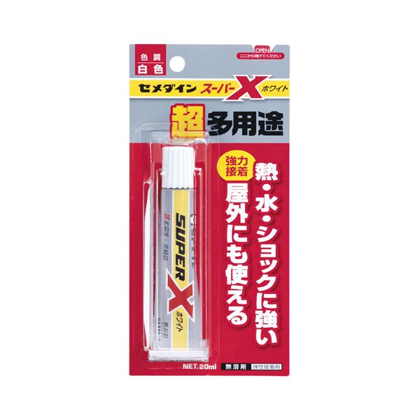 【商品特長】【用途】金属、プラスチック、ゴム、石、木、紙、皮革などの接着。【機能・特徴】屋外でも使え、熱・水・ショックに強い弾性接着剤です。安心の完全無溶剤、100パーセント固形分なので凹凸への接着も可能です。ゴム系接着剤と同じ仮止め不要の簡単接着です。表札やプレートの接着に適したホワイトです。【仕様】●内容量：20mL。●色：白。●耐熱性：-60度〜120度。●無溶剤。■商品コード:4901761158176■JANコード:4901761158176■ブランド名:セメダイン■商品名:スーパーX ホワイト■規格:AX-022 P20ml【送料について】北海道、沖縄、離島は送料を頂きます。