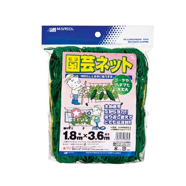 【商品特長】【用途】つる性植物の栽培用。【機能・特徴】窓辺でつる花を育てれば日よけとしても楽しめます。角目仕立で簡単に張れます。ゴーヤ・ヘチマの育成にも使用できます。【仕様】●サイズ：1.8m×3.6m。●色：グリーン。●目合：13cm角目。●四隅取付ロープ付。【材質】●ポリエチレン。■商品コード:4989156008084■JANコード:4989156008084■ブランド名:日本マタイ■商品名:園芸ネット■規格:1.8MX3.6M【送料について】北海道、沖縄、離島は送料を頂きます。