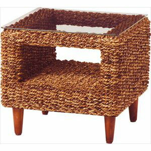 サイズ：(約)幅50×奥行50×高さ45cm成分材質：主材:ピサンアバカ　天板:強化ガラス5mm原産地：インドネシア製座面:ウェービングベルト使用、ピロークッション:角2個、円柱1個付　【配送について】こちらの商品は、代引きでの出荷は受け付けておりません。【送料について】北海道、沖縄、離島は送料を頂きます。