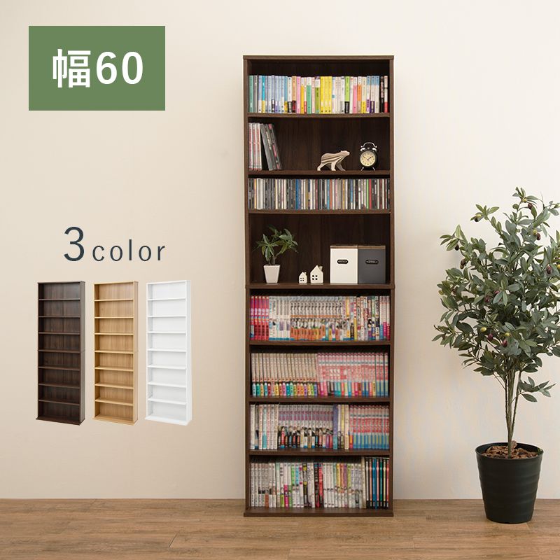 【商品サイズ(外寸)】(約)幅60×奥行22.5×高さ184.5cm【材質】主材:プリント紙化粧繊維板【生産国】インドネシア【備考】■組立式【最大収納数】コミック：296DVD：344【特徴】あらゆるものを大容量収納。収納の幅が広がる可動棚4枚。6.4cmピッチの5段階調節。棚の高さを変えるとCDから大判コミックまで収納できます。省スペースなスリムデザイン。安心の揺れ・転倒対策。付属部品で危険を防止。ドライバーで簡単に取り付けが可能です。組み立てやすい上下2分割式。コンパクト梱包で搬入楽々。賃貸など玄関の狭いお家でも安心。【代引きについて】こちらの商品は、代引きでの出荷は受け付けておりません。【送料について】北海道、沖縄、離島は送料を頂きます。大容量 スリム本棚幅29.5cm幅45cm幅60cm幅90cm