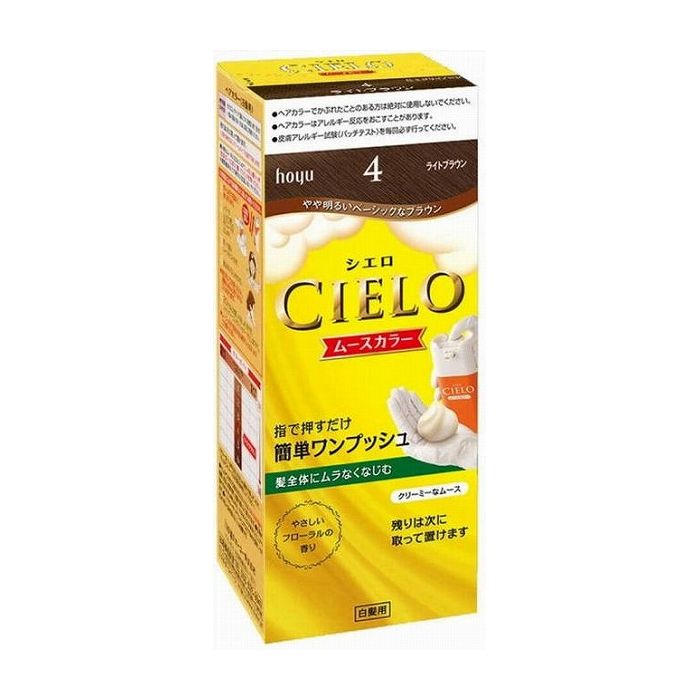 押すだけムースの簡単ワンプッシュ。シエロ ムースカラー新登場！指で押すだけ、簡単にムースを出せて、手間なく髪全体を塗れます。クリーミーなムースが、髪になじんでムラなく染まり、なめらかな仕上がり。注意事項●高温や湿度の高い所、直射日光を避けて保管してください。素材・成分5−アミノオルトクレゾール、パラアミノフェノール、パラフェニレンジアミン、レゾルシン、BG、HEDTA・3Na2水塩、LPG、PEG−8、POEオレイルエーテル、POEセチルエーテル、POE（2）ラウリルエーテル、POE（4．2）ラウリルエーテル、アクリルアミド・アクリル酸・塩化ジメチルジアリルアンモニウム共重合体液、アスコルビン酸、アロエエキス−2、イソプロパノール、塩化アンモニウム、強アンモニア水、水溶性コラーゲン液−3、セタノール、月見草油、尿素、ブドウ種子油、ヘキシルデカノール、ベヘニルアルコール商品区分:医薬部外品製造国:日本メーカー名:ホーユーサイズ/容量:100ML単品JAN:4987205286155化粧品 毛染め 白髪用【代引きについて】こちらの商品は、代引きでの出荷は受け付けておりません。【送料について】北海道、沖縄、離島は送料を頂きます。※メーカーの都合によりパッケージ、内容等が変更される場合がございます。当店はメーカーコード（JANコード）で管理をしている為それに伴う返品、返金等の対応は受け付けておりませんのでご了承の上お買い求めください。