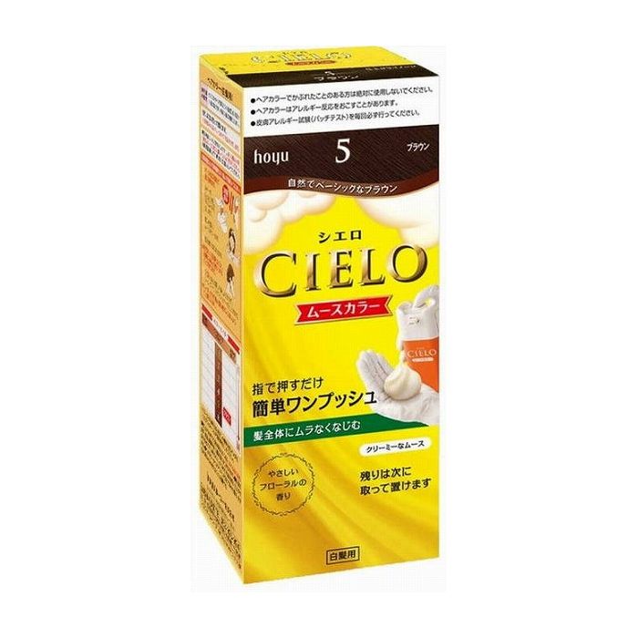 押すだけムースの簡単ワンプッシュ。シエロ ムースカラー新登場！指で押すだけ、簡単にムースを出せて、手間なく髪全体を塗れます。クリーミーなムースが、髪になじんでムラなく染まり、なめらかな仕上がり。注意事項●高温や湿度の高い所、直射日光を避けて保管してください。素材・成分5−アミノオルトクレゾール、トルエン−2、5−ジアミン、パラアミノフェノール、パラフェニレンジアミン、レゾルシン、BG、HEDTA・3Na2水塩、LPG、PEG−8、POEオレイルエーテル、POEセチルエーテル、POE（2）ラウリルエーテル、POE（4．2）ラウリルエーテル、アクリルアミド・アクリル酸・塩化ジメチルジアリルアンモニウム共重合体液、アスコルビン酸、アロエエキス−2、イソプロパノール、塩化アンモニウム、強アンモニア水、水溶性コラーゲン液−3、セタノール、月見草油、尿素、ブドウ種子油、ヘキシルデ商品区分:医薬部外品製造国:日本メーカー名:ホーユーサイズ/容量:100ML単品JAN:4987205286162化粧品 毛染め 白髪用【代引きについて】こちらの商品は、代引きでの出荷は受け付けておりません。【送料について】北海道、沖縄、離島は送料を頂きます。※メーカーの都合によりパッケージ、内容等が変更される場合がございます。当店はメーカーコード（JANコード）で管理をしている為それに伴う返品、返金等の対応は受け付けておりませんのでご了承の上お買い求めください。