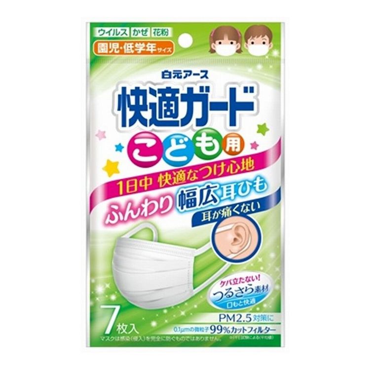 耳が痛くない幅広耳ひもと、肌ざわりがよく、1日着用してもケバ立たない口もとつるさら素材で、1日中快適なつけ心地。0．1μmの微粒子99％カットフィルター。園児〜低学年用。■商品区分 雑品■製造国 中華人民共和国■サイズ/容量 7枚■メーカー名 白元アース株式会社（大三）※メーカーの都合により予告なくパッケージ、仕様等が変更になる場合がございます。※アソート品のカラーはランダムでのお届けとなります。※当店はJANコード（商品コード）にて商品管理を行っている為、上記に伴う返品、交換等は受け付けておりませんで予めご了承の上お買い求めください。【代引きについて】こちらの商品は、代引きでの出荷は受け付けておりません。【送料について】北海道、沖縄、離島は送料を頂きます。