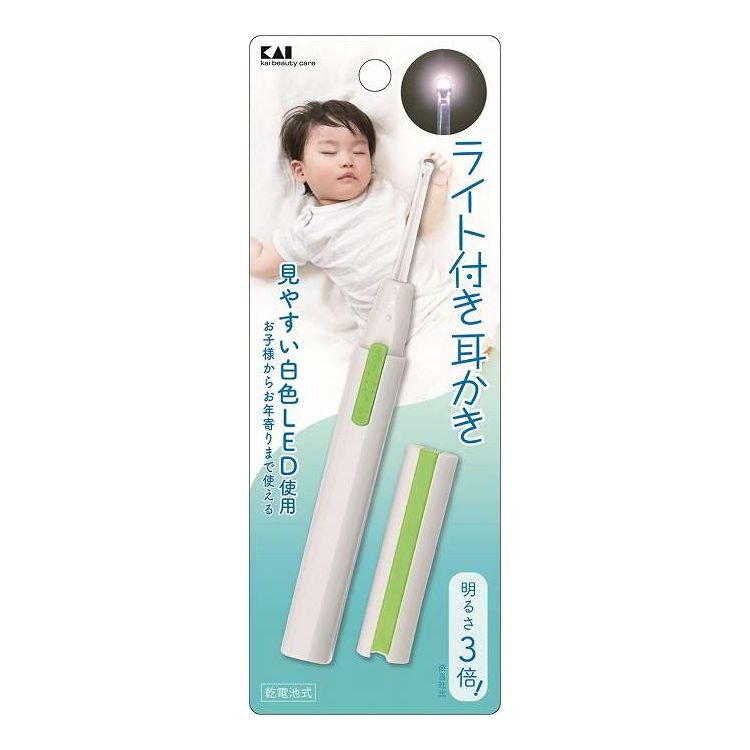 【商品詳細】・見やすい白色LEDライト付き耳かき・明るさ3倍（当社比）・お子様からお年寄りまで使えます・乾電池式（単4型1本使用※別売り）成分:ポリカーボネート・ABS樹脂商品区分:日用雑貨品、他メーカー名:貝印生産国・加工国:中華人民共和国内容量:1個【代引きについて】こちらの商品は、代引きでの出荷は受け付けておりません。【送料について】北海道、沖縄、離島は送料を頂きます。
