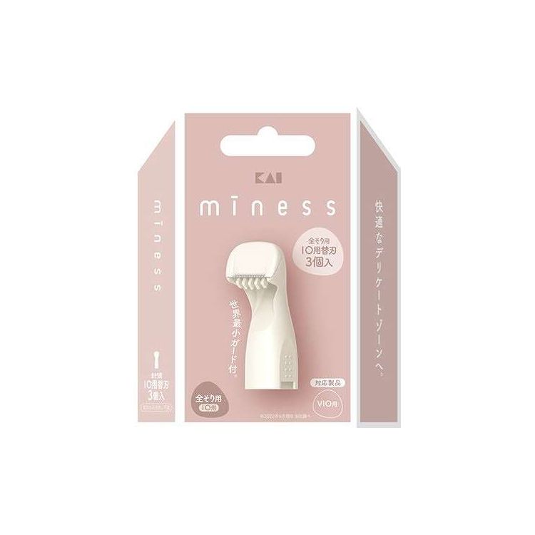 【商品詳細】部位別カミソリminessのVIO用。音波振動カミソリのIO用替刃です。成分:刃：ステンレス刃物鋼ガード：ステンレス他：ABS樹脂キャップ：ポリプロピレン商品区分:日用雑貨品、他メーカー名:貝印生産国・加工国:中華人民共和国内容量:3個【代引きについて】こちらの商品は、代引きでの出荷は受け付けておりません。【送料について】北海道、沖縄、離島は送料を頂きます。