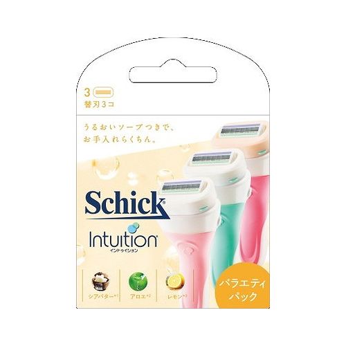 【商品説明】はじめてでも安心。ボディソープなしで剃れる。天然由来成分配合のモイスチャーソープ付き刃。セーフティーワイヤー付き4枚刃。しっとり肌、敏感肌用、さっぱりうるおい肌の替刃3コ入バラエティパック。【商品詳細】商品区分：日用雑貨品内容量：3個製造国：中華人民共和国本体重量(g)：81成分メーカー名：三宝商事（株）使用方法注意事項※予告なくパッケージリニューアルをされる場合がございますがご了承ください。※パッケージ変更に伴うご返品はお受け致しかねます。※メーカーの都合により予告なくパッケージ、仕様等が変更となる場合がございます。※当店はJANコードにて管理を行っている為、それに伴う返品、交換等はお受けしておりませんので事前にご了承の上お買い求めください。【特長】カミソリ、女性用、替刃【代引きについて】こちらの商品は、代引きでの出荷は受け付けておりません。【送料について】北海道、沖縄、離島は送料を頂きます。