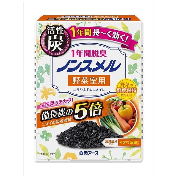 【商品説明】脱臭効果は1年間。活性炭・竹炭・備長炭の炭の力で、野菜室内の気になるニオイを強力脱臭。ニラやネギのニオイに対応する消臭粒を配合。全方位脱臭方式のおしゃれなケース。【商品詳細】商品区分：日用雑貨品内容量：20G製造国：日本本体重量(g)：78成分メーカー名：白元アース（株）使用方法注意事項※予告なくパッケージリニューアルをされる場合がございますがご了承ください。※パッケージ変更に伴うご返品はお受け致しかねます。※メーカーの都合により予告なくパッケージ、仕様等が変更となる場合がございます。※当店はJANコードにて管理を行っている為、それに伴う返品、交換等はお受けしておりませんので事前にご了承の上お買い求めください。【特長】芳香消臭、冷蔵庫用脱臭剤、冷蔵庫用脱臭剤【代引きについて】こちらの商品は、代引きでの出荷は受け付けておりません。【送料について】北海道、沖縄、離島は送料を頂きます。