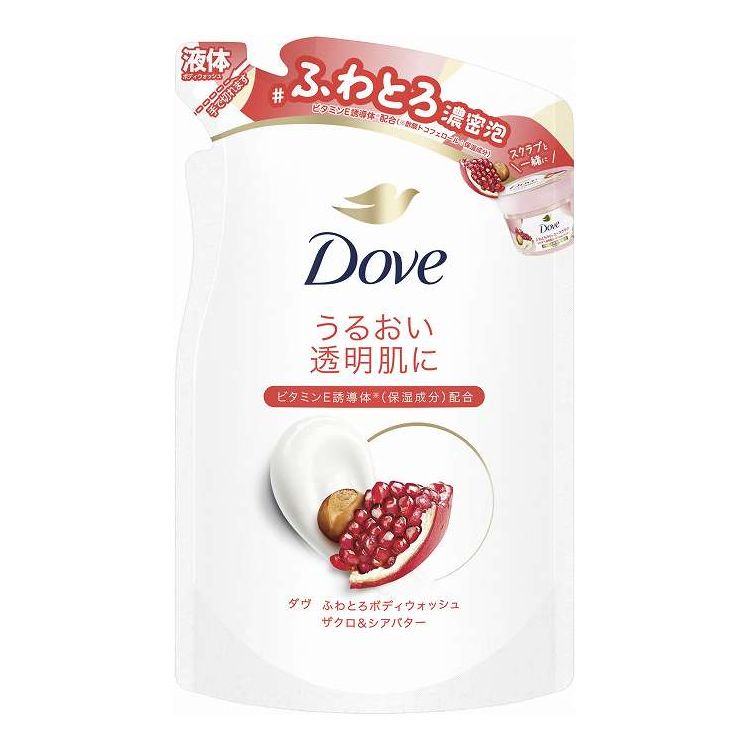 【商品詳細】ダヴ ふわとろボディウォッシュ ザクロ＆シアバター つめかえ用成分:成分：水、ラウリン酸、ミリスチン酸、水酸化K、ステアリン酸、ラウレス硫酸Na、グリセリン、コカミドプロピルベタイン、ジステアリン酸グリコール、塩化K、香料、ヒドロキシプロピルメチルセルロース、塩化Na、グアーヒドロキシプロピルトリモニウムクロリド、EDTA-4Na、フェノキシエタノール、クエン酸、ジグリセリン、ヒドロキシステアリン酸、ピロクトンオラミン、PG、パルミチン酸、酢酸トコフェロール、アラキン酸商品区分:化粧品メーカー名:ユニリーバ・ジャパン生産国・加工国:日本内容量:340G【代引きについて】こちらの商品は、代引きでの出荷は受け付けておりません。【送料について】北海道、沖縄、離島は送料を頂きます。