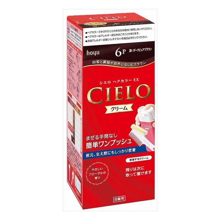 「使い方簡単、しかもキレイ」な『シエロ ヘアカラー EX』に、染め上がりの白髪と黒髪の色合いを近づけ自然になじませる、「6P深いダークピュアブラウン」が新登場！混ぜる手間なし簡単ワンプッシュのクリームタイプ。商品区分：医薬部外品メーカー名：ホーユー製造国または加工国：日本内容量：80G↓ご購入前に必ずお読みください。↓※メーカーの都合により予告なくパッケージ、内容等が変更となる場合がございます。※それにともなう返品、返金等は受け付けておりませんのでご了承のうえお買い求めください。【代引きについて】こちらの商品は、代引きでの出荷は受け付けておりません。【送料について】北海道、沖縄、離島は送料を頂きます。