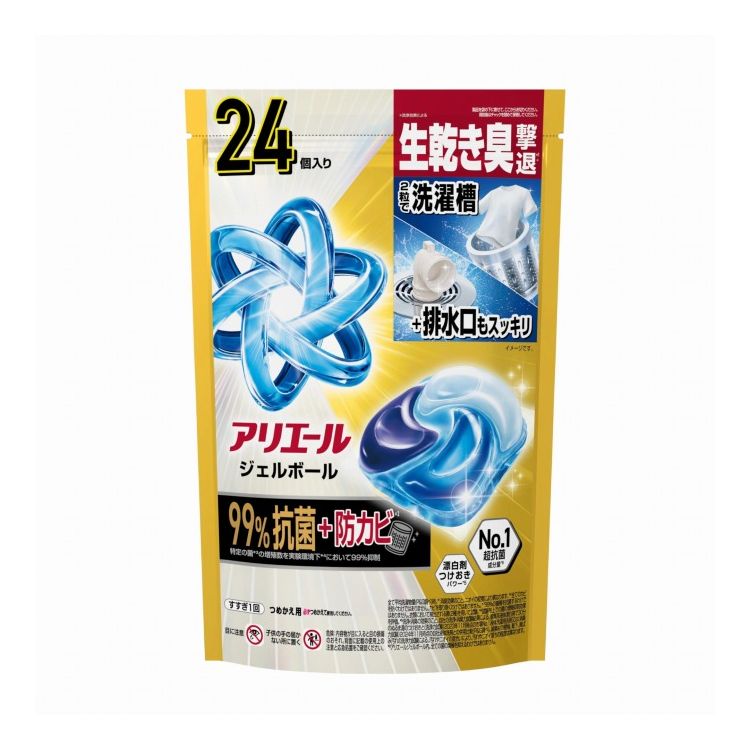 【商品詳細】新アリエールジェルボールプロは(1)4層中の1層に含まれる3つの界面活性剤のうち1種類を大幅にグレードアップすることで、圧倒的な洗浄力を実現！(2)さらに、化繊汚れ・ニオイブロックポリマーを配合することで、お洗濯環境が目まぐるしくかわる中で化繊への汚れをつきにくく、はがしやすくする新成分を配合。メーカー名:P＆Gジャパン生産国・加工国:日本内容量:24個【代引きについて】こちらの商品は、代引きでの出荷は受け付けておりません。【送料について】北海道、沖縄、離島は送料を頂きます。