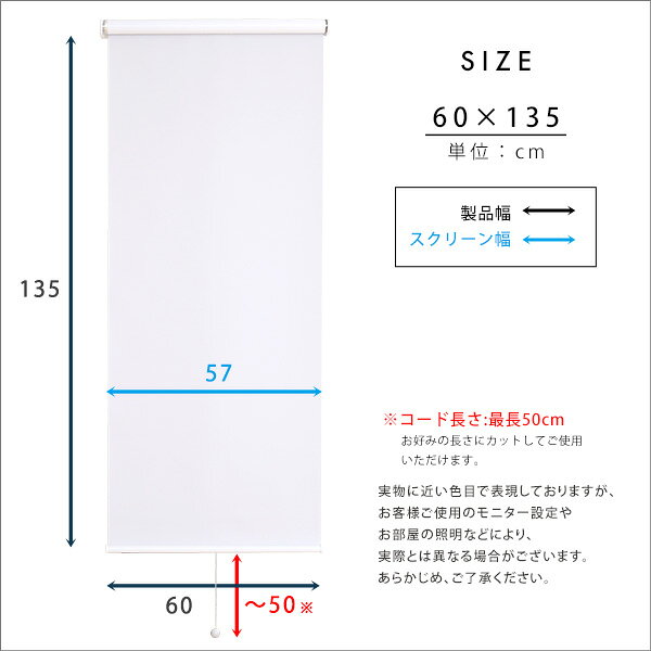壁空け不要!つっぱりロールスクリーン 幅60cm(採光タイプ) スクリーン ロールスク...