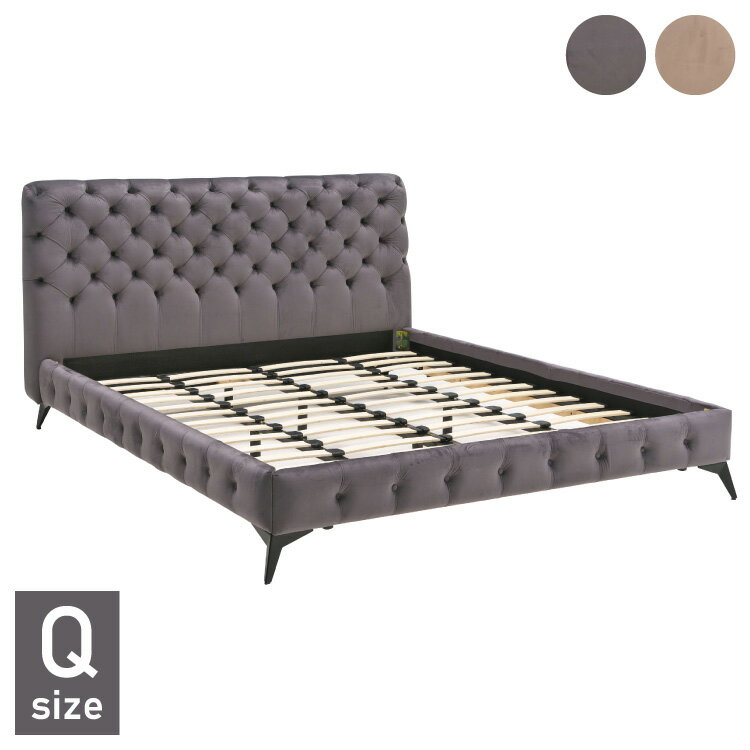 Metal Beds - ベッドフレーム クイーン ベロア調ヘッドボード クイーンサイズ すのこベッド ベッド フロアベッド フレーム 寝具 インテリア フレーム ベロア アイアン脚 フロアタイプ チェスターフィールド調(代引不可)【送料無料】