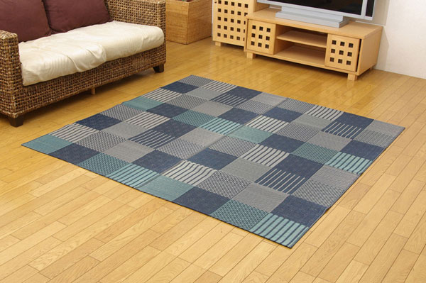 176 cm X 352 cm - 純国産 い草花ござカーペット 『京刺子』 ブルー 江戸間4.5畳（約261×261cm）【送料無料】【代引き不可】