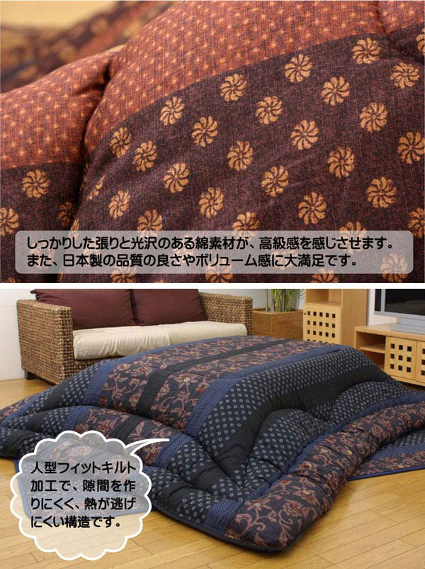 リコメン堂のこたつ厚掛敷布団セット 国内プリント 『万葉』 ブルー 205×205cm【送料無料】【代引き不可】｜アングル2