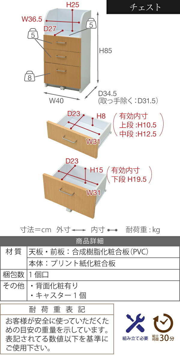 カウンター下 ジュニア 家具 セット 絵本棚 チェスト ラック 高さ85 奥行35 絵本ラック 引き出し 3段 おもちゃ箱 キャビネット(代引不可)【送料無料】 [3]