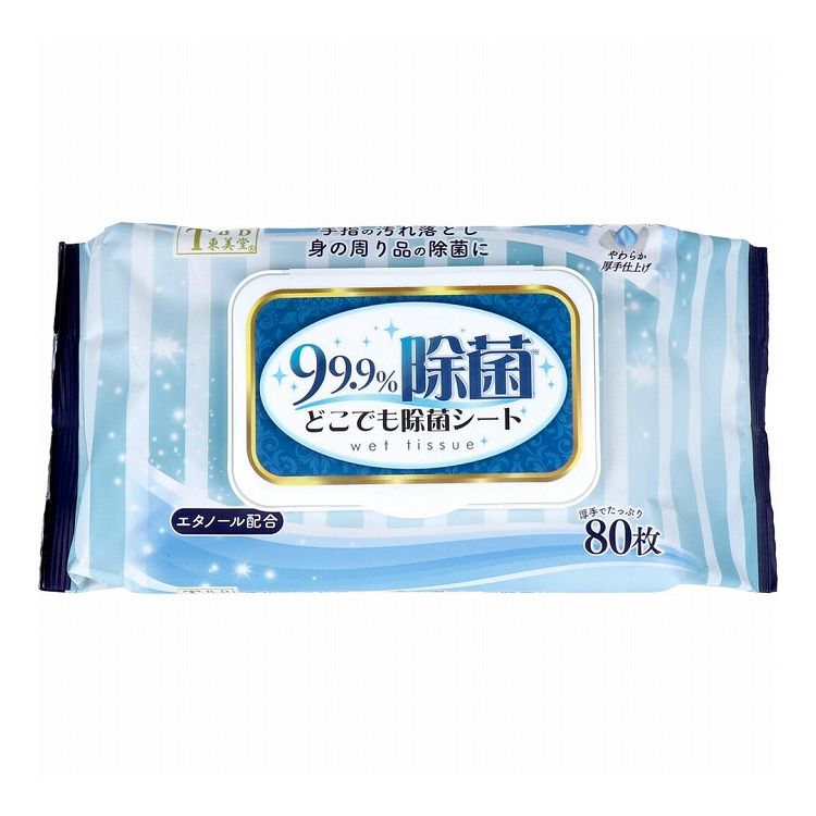 エタノール配合！やわらか厚手仕上げ。●1枚ずつ簡単に取り出せる設計です。●おでかけ時やアウトドアにも活躍します。●厚手でたっぷり80枚で扱いやすい。●使い切りタイプ。【品名】ウエットティッシュ【材質】ポリエステル、レーヨン【成分】精製水、エタノール、グリセリン、除菌剤、防腐剤【サイズ】200×150mm【使用方法】・フタと、中のシールを開いて、1枚ずつ取り出してお使い下さい。・使用後はしっかりと蓋を閉めて下さい。・開封後はなるべくお早めにお使い下さい。【使用上の注意】・シートは水に溶けないので、トイレには流さないで下さい。・粘膜や目のまわりへのご使用は避けて下さい。・傷、はれもの、湿疹等異常のあるときは使用しないでください。・ニスなどの塗装面、白木、壁紙、革製品やスチロール素材のものに使用しますと変質等の恐れがあります。・使用中または使用後、お肌に異常が現れたときは使用を中止し、医師にご相談ください。・高温になるところや、直射日光のあたる場所には保管してください。・乳幼児や認知症の方の誤食等を避けるため、手の届かない場所に保管してください。・乾燥により品質の劣化を防ぐため、開封後はなるべくお早めにお使い下さい。※本製品は拭き取った後の菌を減少させるもので、全ての菌を除去するものではありません。個装サイズ：210X70X110mm個装重量：約520g内容量：80枚入ケースサイズ：43X19X34cmケース重量：約1kg製造国：中国【輸入発売元：日新株式会社】【特長】ウェットティッシュ※メーカーの都合によりパッケージ、内容等が変更される場合がございます。当店はメーカーコード（JANコード）で管理をしている為それに伴う返品、返金等の対応は受け付けておりませんのでご了承の上お買い求めください。【送料について】北海道、沖縄、離島は送料を頂きます。
