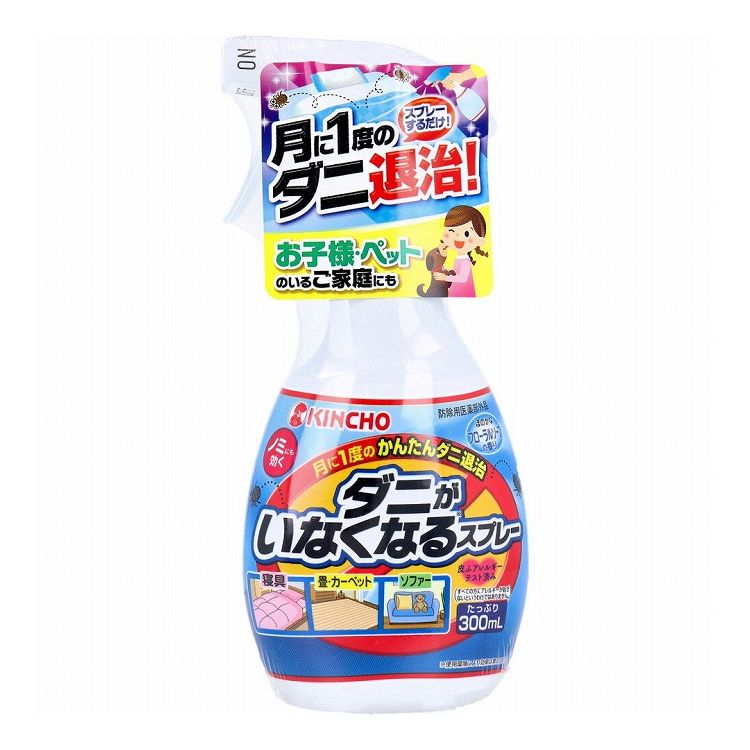 【商品特徴】【防除用医薬部外品】販売名：キンチョウDRSb【成分】★有効成分フェノトリン(ピレスロイド)0.7w／v％★その他の成分N-(2-エチルヘキシル)-ビシクロ(2,2,1)ヘプタ-5-エン-2,3-ジカルボキシイミド、香料、エタノール【効能】屋内塵性ダニ類の増殖抑制及び駆除、イエダニ、マダニ及びノミの駆除【使用方法】・屋内塵性ダニ類には、たたみやカーペットなどの表面に20〜30cmの距離から、1平方メートルあたり約4mL(4〜5ショット)の割合でスプレーすること。・イエダニ、マダニ、ノミ及び異常繁殖した屋内塵性ダニ類には、直接スプレーすること。・転倒など液もれすることがありますので使用後は必ずスプレー先端部を「OFF」に合わせて保管すること。【商品詳細】●月に一度スプレーするだけで簡単にダニを退治。●ベタつかない速乾性のアルコールベース。ふとん、まくら、マットレス、布製ソファー、カーペット、たたみ、クッション、ぬいぐるみなど、ダニが気になる布製品に、速乾性でべたつかない！●ほのかなフローラルソープの香り。●皮ふアレルギーテスト済み(すべての方にアレルギーが起きないというわけではありません。)【使用上の注意】★してはいけないこと・人体に向かって噴射しないこと。また、噴霧粒子を直接吸入しないこと。★相談すること・万一、身体に異常を感じたときは、本品がピレスロイド系及びN-(2-エチルヘキシル)-ビシクロ(2,2,1)ヘプタ-5-エン-2,3-ジカルボキシイミドを含む殺虫剤であることを医師に告げて、直ちに診療を受けること。・今までに薬や化粧品などによるアレルギー症状(例えば発疹・発赤、かゆみ、かぶれなど)を起こしたことのある人、喘息の症状がある人などは使用前に医師又は薬剤師に相談すること。★その他の注意・定められた使用方法を守ること。・処理後は子供が薬剤をなめないように注意し、薬剤が乾くまでは・噴射中は噴射する人以外の人の入室を避けること。・薬剤が皮膚についたときは、石けんと水でよく洗うこと。目に入ったときは、直ちに水でよく洗い流すこと。・アレルギー症状やかぶれを起こしやすい体質の人は、薬剤に触れたり、吸い込んだりしないようにすること。・皮膚、目、飲食物、食器、おもちゃ、ペット類(観賞魚、水生生物、虫、小鳥など)、飼料、植物、貴重品、美術品、楽器、電気・電子機器(テレビ、パソコン、オーディオ機器など)、塗装面、プラスチック、家具、建材、繊維製品、石材などに直接スプレーしないこと。観賞魚などの水槽のある部屋では使用しないこと。・殺虫剤なので、子供には使用させないこと。・閉め切った部屋や狭い部屋で使用する場合は、時々換気すること。・缶を逆さまにして噴射しないこと。★保管及び取り扱い上の注意・夏場の車内、ファンヒーターなどの周囲を避け、子供の手の届かない涼しいところに保管すること。・水まわりや湿気の多いところは、缶が錆びて破裂する危険があるので置かないこと。★廃棄上の注意・捨てるときは、火気のない通気性のある屋外で、噴射音が消えるまでボタンをくり返し押してガスを抜き、地域の規則に従って捨てること。個装サイズ：94X199X53mm個装重量：約303g内容量：300mL【ケース入数：24】【発売元：大日本除虫菊株式会社(金鳥)】※メーカーの都合によりパッケージ、内容等が変更される場合がございます。当店はメーカーコード（JANコード）で管理をしている為それに伴う返品、返金等の対応は受け付けておりませんのでご了承の上お買い求めください。【送料について】北海道、沖縄、離島は別途送料を頂きます。