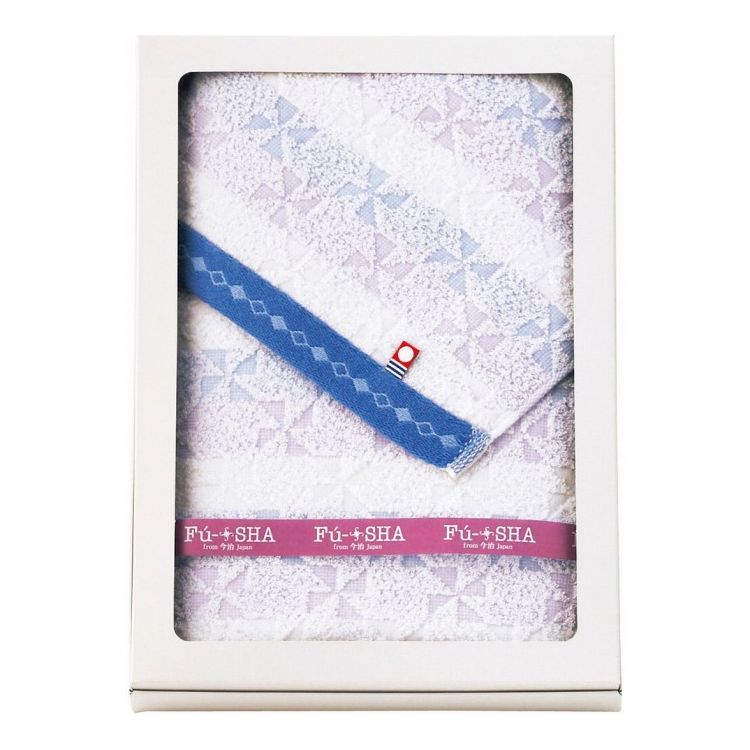 ボーダーに涼しげな風車の柄をあしらいました。軽やかで扱いやすく、水分を良く吸収します。【セット内容】バスタオル×1【商品サイズ】バスタオル600mm×1200mm【材質】綿100%商品重量：箱サイズ：箱325×235×30mm備考※メーカー都合により、デザイン・内容等が変更になる場合がございます。【代引きについて】こちらの商品は、代引きでの出荷は受け付けておりません。【送料について】北海道、沖縄、離島は送料を頂きます。