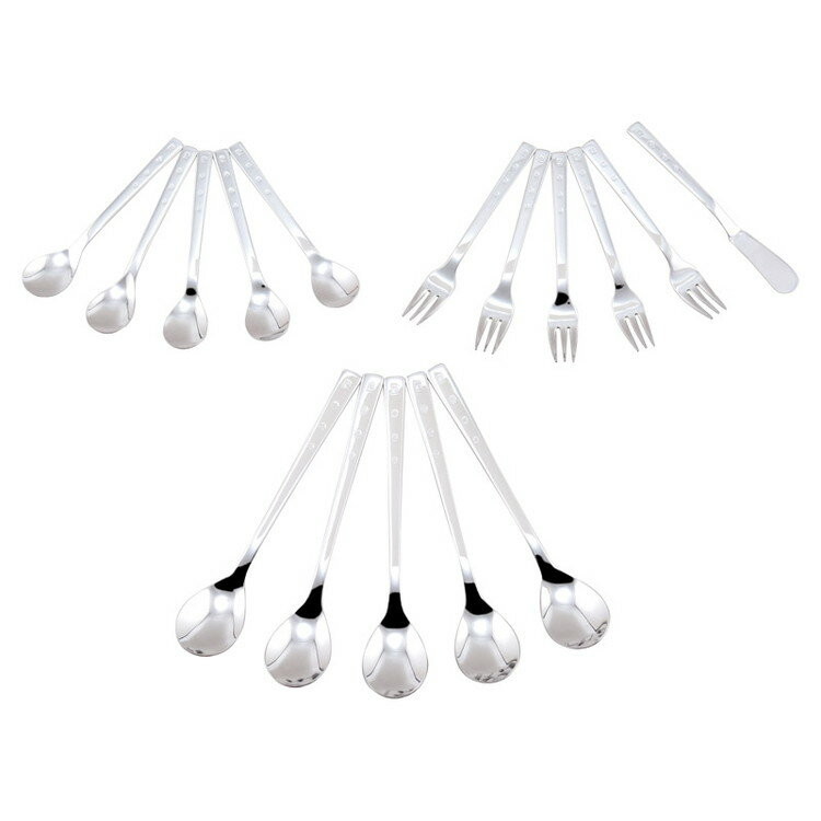 モダンでカジュアルなカトラリー。コーヒースプーン・ヒメフォーク・デザートスプーン×各5、バターナイフ×1ステンレス【代引きについて】こちらの商品は、代引きでの出荷は受け付けておりません。【送料について】北海道、沖縄、離島は送料を頂きます。