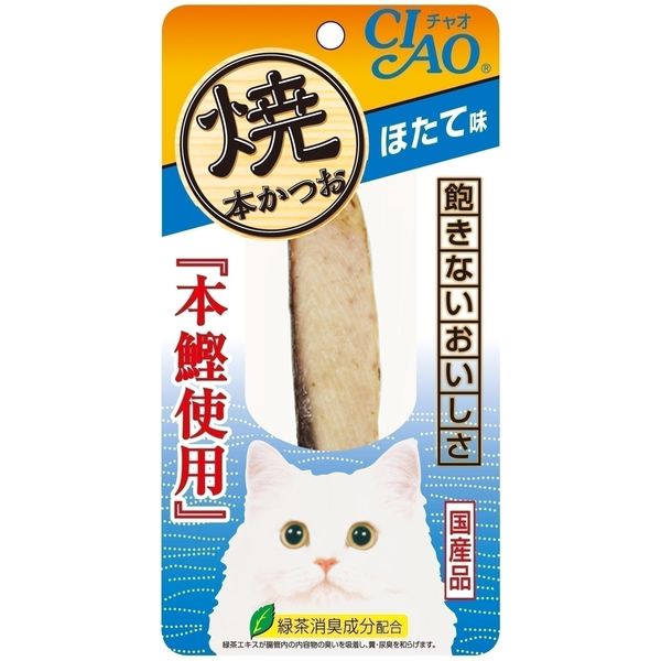 【商品詳細】飽きないおいしさ材料に本かつおを使った新しい焼かつお。香ばしく焼き上げ、素材の旨みをそのまま味わえます。【分類】猫用スナック【原材料】かつお、ほたてエキス、ビタミンE、緑茶エキス【保証成分】たんぱく質26.5%以上、脂質1.5%以上、粗繊維0.1%以下、灰分2.2%以下、水分70.0%以下【給与方法】軽くほぐしてお与えください。【賞味期限】18ヶ月【商品サイズ】190×100×20(mm)【完成サイズ】260×195×50(mm)【原産国または製造地】日本【諸注意】軽くほぐしてお与えください。【送料について】北海道、沖縄、離島は送料を頂きます。