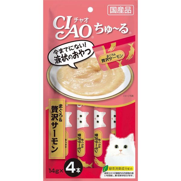 【商品詳細】今までにないペーストタイプのおやつ。ちゅ〜るに新しいフレーバーが仲間入り。【分類】猫用おやつ【原材料】マグロ、サーモン、鮭エキス、タンパク加水分解物、糖類(オリゴ糖等)、植物性油脂、増粘剤(加工デン粉)、ミネラル類、増粘多糖類、調味料(アミノ酸等)、ビタミンE、紅麹色素、緑茶エキス【保証成分】たんぱく質7.0%以上、脂質0.2%以上、粗繊維0.1%以下、灰分1.7%以下、水分91.0%以下【給与方法】1日4本を目安におやつとしてお与えください。【賞味期限】2年【商品サイズ】210×110×20(mm)【原産国または製造地】日本【諸注意】(保存方法)お使い残りが出た場合は、他の容器に移し替えて冷蔵庫に入れ早めにお使い下さい。【送料について】北海道、沖縄、離島は送料を頂きます。
