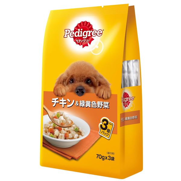 【商品詳細】愛犬の成長に合わせて健康をサポート。愛犬に必要な栄養がきちんとつまったバランスの取れた総合栄養食です。愛犬の大好きな旨みたっぷりのチキンに、ビタミン豊富な緑黄色野菜を加えました。【分類】総合栄養食【原材料】肉類(チキン、ビーフ)、野菜類(にんじん、いんげん、じゃがいも)、小麦タンパク、食物繊維、ビタミン類(B1、B2、B6、B12、E、コリン、パントテン酸、葉酸)、ミネラル類(Cl、I、K、Mg、Mn、Na、Zn)、増粘安定剤(加工でん粉)、増粘多糖類、着色料(二酸化チタン)、ポリリン酸Na、EDTA-Ca・Na【保証成分】タンパク質:6.0%以上、脂質:3.5%以上、粗繊維:1.0%以下、灰分:3.0%以下、水分:90.0%以下【エネルギー】65kcal/100g【給与方法】ドライフードとまぜた1日の食事量の目安(ペディグリードライ成犬用350kcal/100gの場合)/1Kgドライ15g+本品1袋/3Kgドライ40g+本品2袋/5Kgドライ65g+本品2袋/10Kgドライ130g+本品2袋/15Kgドライ185g+本品2袋/上記の量を2回以上に分けて与えてください。新鮮な飲み水を常に用意し、愛犬の体重や運動量に合わせて与える量を加減してください。【賞味期限】24ヶ月【商品サイズ】95×46×165(W×D×H mm） 【完成サイズ】200×190×140(mm)【原産国または製造地】タイ【諸注意】直射日光を避け、湿気の少ない場所に保管してください。開封後はお早めにご使用下さい。【送料について】北海道、沖縄、離島は送料を頂きます。