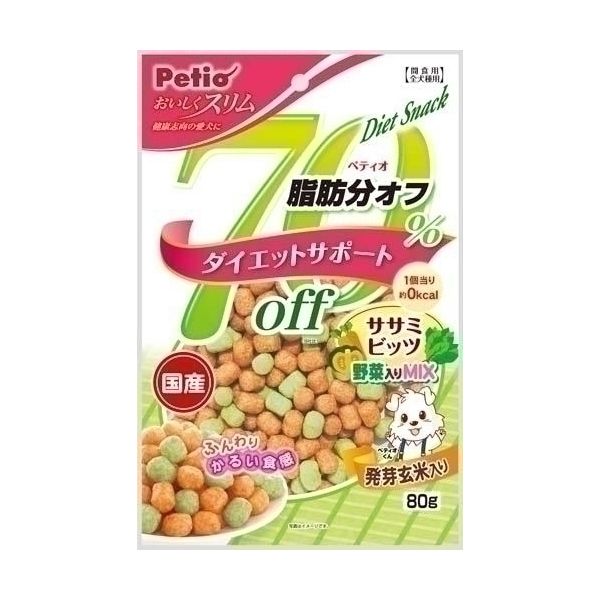 【商品詳細】肥満が気になる愛犬に最適なおやつです。脂肪分約70％オフ（当社比）なのにしっかりおいしく、体にうれしい！発芽玄米を配合し、元気をサポート！ワンちゃんの健康に配慮して野菜粒をプラスしました。（10個当り　約4g）【分類】犬用スナック【原材料】小麦粉、肉類（鶏ササミ・鶏）、脱脂大豆、砂糖、でんぷん類、コラーゲン、脱脂米ぬか、魚介類、食塩、発芽玄米膨化粉末、かぼちゃ、にんじん、ほうれん草、プロピレングリコール、卵殻Ca、ソルビトール、グリセリン、トレハロース、保存料（ソルビン酸K）、pH調整剤、酸化防止剤（V.E）、香料、着色料（酸化チタン・黄4号・黄5号・青1号・赤102号）【保証成分】粗タンパク質20.0％以上粗脂肪1.5％以上粗繊維2.0％以下粗灰分7.0％以下水分20.0％以下【エネルギー】329kca/100g【給与方法】全犬種※愛犬の健康状態、年齢、運動量を考慮した上で給与量を目安に1日1−2回に分けてお与えください。※本商品の給与量は、肥満が気になる愛犬を考慮して当社基準より40％少なく表示しております。（10個当り約4g）給与量●幼犬（生後6ヶ月−）：5g以内●超小型犬−5KG：10g以内●小型犬5KG-：20g以内●中型犬10KG-20KG：35g以内●大型犬20KG-35KG：50g以内●超大型犬35KG以上：65g以内【賞味期限】12ヶ月【商品サイズ】W150×H230×D25【原産国または製造地】日本【諸注意】●本商品は犬用で、間食用です。主食として与えないでください。●愛犬の食べ方や習性によっては、のどに詰まらせることがありますので必ず観察しながらお与えください。●下記の与え方の給与量、および保存方法をお守りください。●子供がペットに与えるときは、大人が立ち会ってください。●幼児・子供・ペットのふれない所に保管してください。【送料について】北海道、沖縄、離島は送料を頂きます。