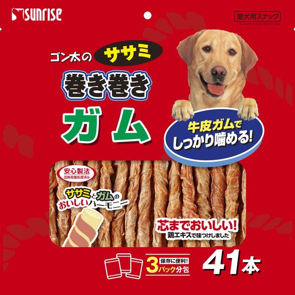 【商品詳細】鶏ササミと牛皮ガムのハーモニー適度な噛み応えのガムにワンちゃんの大好きな鶏ササミを巻いた、嗜好性の高いスナックです。噛むことで歯の健康維持にも役立ちます。【分類】犬用スナック【原材料】肉類(鶏ササミ、牛皮等)、でん粉類、増粘安定剤(グリセリン)、保存料(ソルビン酸カリウム、デヒドロ酢酸ナトリウム）、酸化防止剤(ビタミンE【保証成分】たん白質:50.0％以上脂質:0.9％以上粗繊維:1.0％以下灰分:5.0％以下水分:24.0％以下【エネルギー】たん白質50.0％以上脂質0.9％以上粗繊維1.0％以下灰分5.0％以下水分24.0％以下【給与方法】超小型犬:1本程度/小型犬:1-2本/中型犬:2-4本/大型犬:4-6本/幼犬:1本程度【賞味期限】18ヶ月【商品サイズ】300×300×50(mm)【完成サイズ】300×300×50(mm)【原産国または製造地】中国【諸注意】(保存方法)高温・多湿・日光をさけて保存し、開封後は早めに使い切ってください。【送料について】北海道、沖縄、離島は送料を頂きます。