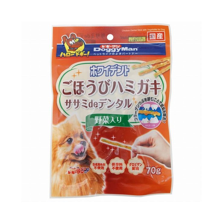 商品説明商品名ホワイデント ササミdeデンタル 野菜入り 70gササミ生地にコラーゲン粒、野菜粒を配合したデンタルスナック。メーカー名ドギーマン商品詳細ササミ生地にコラーゲン粒、にんじんほうれん草入りの野菜粒を配合したデンタルスナック。コラーゲン粒を噛むことで歯垢を除去します。ササミのおいしさたっぷりで、ご褒美にもぴったり。ワンちゃんの歯周の健康維持をサポートするグロビゲン配合。合成着色料保存料不使用で、毎日の歯磨き習慣をサポートします。商品分類食品原材料鶏ササミ、小麦粉、牛皮、糖類、タピオカでん粉、植物油脂、卵黄粉末(グロビゲン)、ほうれん草、にんじん、加工でん粉、グリセリン、トレハロース、ソルビトール、増粘安定剤(キサンタンガム)、ミネラル類(ナトリウム)、ポリリン酸ナトリウム、ピロリン酸ナトリウム、着色料(クチナシ、クロレラ、ルテイン)賞味期限（未開封）別途パッケージに記載内容量70g原産国日本保存方法別途パッケージに記載個装サイズ（mm）（約）幅300×高さ391×奥行120【送料について】北海道、沖縄、離島は送料を頂きます。