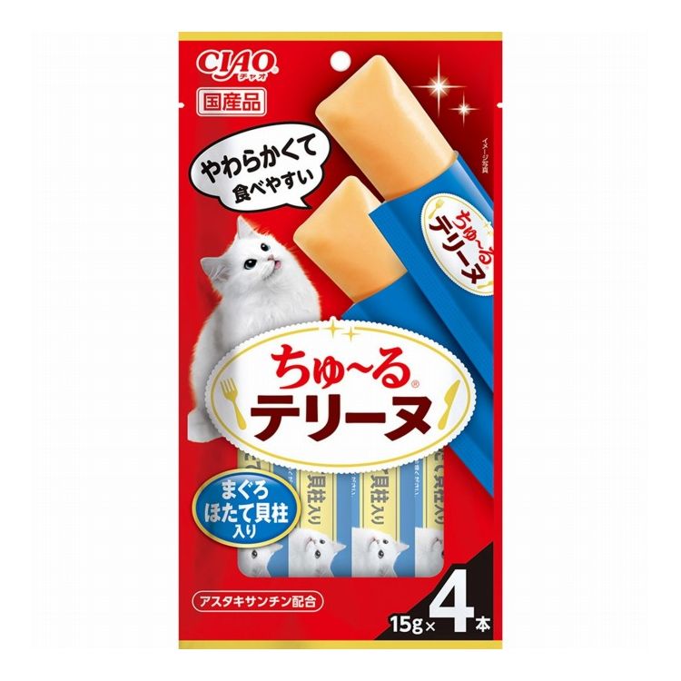 【商品説明】こぼれにくく食べやすい！！・ねこちゃんの大好きなちゅ〜るを噛んで食べられるテリーヌタイプに仕上げました。・まぐろとほたての美味しさたっぷりのおやつです。・アスタキサンチン配合〇原材料まぐろ、ほたて貝柱、ほたてエキス、糖類(オリゴ糖等)、植物性油脂、増粘多糖類、ミネラル類(Na、P、Cl)、調味料(アミノ酸)、ビタミンE、ヘマトコッカス藻色素(アスタキサンチン含有)〇賞味／使用期限(未開封)24ヶ月〇給与方法・1日4本を目安におやつとしてお与えください。〇保管方法・お使い残りが出た場合は、他の容器に移し替えて冷蔵庫に入れ早めにお与えください。・袋への噛みつき、誤飲にご注意ください。・愛猫がのどに詰まらせないよう、必ず様子を見ながらお与えください。〇原産国日本〇メーカー名いなばペットフード 株式会社【取り寄せ品のご注意事項（ご注文前にご確認ください）】・本商品は原則注文後のキャンセルはお受けできません。・本商品と他商品で同梱注文をいただき、仮に他商品が完売等でご用意できない場合でも本商品は発送させていただきます。・本商品を複数（2点以上）注文いただき、完売等で注文数のご用意できない場合でもご用意できた数量は発送させていただきます。【送料について】北海道、沖縄、離島は送料を頂きます。LINK単品6個セット12個セット24個セット