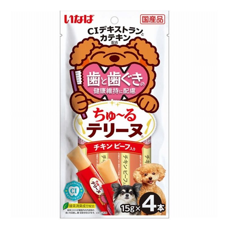 【商品説明】・CIデキストランとカテキン配合で歯と歯ぐきの健康維持に配慮したテリーヌタイプのおやつです。・こぼれにくく食べやすい固さで噛んで美味しく食べられます。・緑茶消臭成分配合で腸管内の内容物の臭いを吸着し、糞・尿臭を和らげます。○原材料(成分)トウモロコシ粉、鶏肉、鶏脂、チキンエキスパウダー、牛肉、酵母エキス、環状イソマルトオリゴ糖(CIデキストラン含有)、増粘安定剤(加工でん粉、増粘多糖類)、ビタミンE、緑茶エキス(カテキン含有)、ヘマトコッカス藻色素(アスタキサンチン含有)○賞味／使用期限(未開封)24ヶ月※仕入れ元の規定により3ヶ月以上期限の残った商品のみ出荷致します○保管方法別途パッケージに記載○原産国日本○メーカー名いなばペットフード 株式会社【取り寄せ品のご注意事項（ご注文前にご確認ください）】・本商品は原則注文後のキャンセルはお受けできません。・本商品と他商品で同梱注文をいただき、仮に他商品が完売等でご用意できない場合でも本商品は発送させていただきます。・本商品を複数（2点以上）注文いただき、完売等で注文数のご用意できない場合でもご用意できた数量は発送させていただきます。【送料について】北海道、沖縄、離島は送料を頂きます。LINK単品6個セット12個セット24個セット