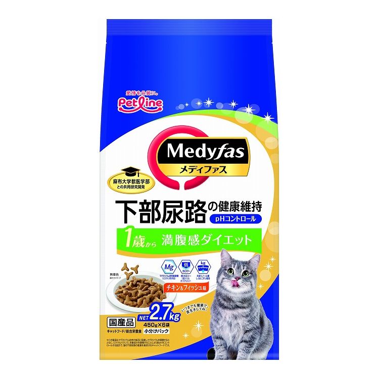 【商品説明】猫の臨床栄養学から生まれた下部尿路の健康維持フードマグネシウムとカルシウムの適正バランス、尿pHのコントロール、高い消化吸収性など、最新の臨床栄養学の成果をフルに盛り込んで、それぞれの成長段階に最もふさわしい栄養設計をしています。ライフステージに加え、猫の飼育環境などにもキメ細やかに対応します。マグネシウム由来の結石に配慮。低カロリー設計（1歳から比約10％カット）。すこやかな体の健康維持に共役リノール酸とL-カルニチン配合。・尿pH設計値6.1〜6.4・マグネシウム含有量0.09％（標準値）・メーカー名ペットライン 株式会社・原材料(成分)穀類(とうもろこし、コーングルテンミール、小麦粉)、肉類(ミートミール、チキンミール、チキンレバーパウダー)、豆類(おから)、油脂類(動物性油脂、共役リノール酸)、セルロース、魚介類(フィッシュミール：DHA・EPA源、フィッシュエキス)、糖類(フラクトオリゴ糖)、卵類(ヨード卵粉末)、シャンピニオンエキス、L-カルニチン、セレン酵母、ビタミン類(A、D3、E、K3、B1、B2、パントテン酸、ナイアシン、B6、葉酸、ビオチン、B12、コリン、イノシトール)、ミネラル類(カルシウム、リン、ナトリウム、カリウム、塩素、鉄、コバルト、銅、マンガン、亜鉛、ヨウ素)、アミノ酸類(メチオニン、トリプトファン、タウリン)・賞味期限別途パッケージに記載・原産国または製造地日本・保存方法別途パッケージに記載【送料について】北海道、沖縄、離島は送料を頂きます。