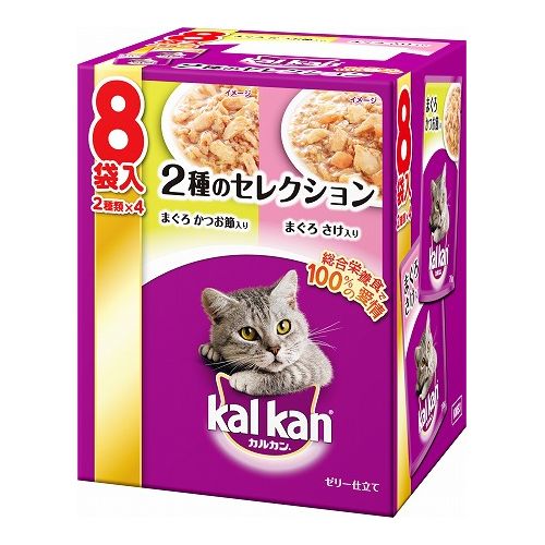 【商品説明】商品説明好評な2種類の味のセレクション。まぐろ かつお節入り、まぐろ さけ入りは、厳選された素材をカルカン特製だしで煮込み、ジューシーなゼリー仕立てにしました。1歳以上の猫に必要な栄養素がバランスよく含まれた総合栄養食です。・原材料(成分)【まぐろかつお節入り】肉類(チキン、ビーフ)、魚介類(さば、かつお、まぐろ、かつお節粉等)、小麦、植物性油脂、調味料(アミノ酸等)、ビタミン類(B1、B2、B6、B12、E、K、コリン、ナイアシン、パントテン酸、ビオチン、葉酸)、ミネラル類(Ca、Cl、Fe、I、K、Mg、Mn、Na、Zn)、アミノ酸類(タウリン)、増粘多糖類、ポリリン酸Na、EDTA-Na、発色剤(亜硝酸Na)【まぐろさけ入り】肉類(チキン、ビーフ)、魚介類(さば、かつお、まぐろ、さけ等)、小麦、植物性油脂、調味料(アミノ酸等)、ビタミン類(B1、B2、B6、B12、E、K、コリン、ナイアシン、パントテン酸、ビオチン、葉酸)、ミネラル類(Ca、Cl、Fe、I、K、Mg、Mn、Na、Zn)、アミノ酸類(タウリン)、増粘多糖類、ポリリン酸Na、EDTA-Na、発色剤(亜硝酸Na)、リコピン色素・賞味／使用期限(未開封)※仕入れ元の規定により半年以上期限の残った商品のみ出荷致します24ヶ月・原産国または製造地タイ・保存方法別途パッケージに記載・メーカー名マースジャパンリミテッド【送料について】北海道、沖縄、離島は送料を頂きます。