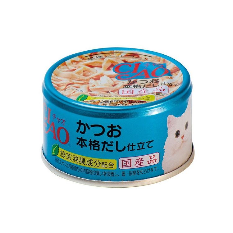 【商品説明】かつお白身をベースにしたおいしい缶詰・かつおの白身をだし風味に仕上げました。・食べやすいゼリータイプです。・ビタミンEを配合し、猫の健康に配慮しています。・着色料不使用・緑茶消臭成分配合で腸管内の内容物の臭いを吸着し、糞・尿臭を和らげます。●原材料(成分)かつお、かつお節エキス、昆布エキス、でん粉、増粘多糖類、増粘剤(加工でん粉)、ビタミンE、緑茶エキス●賞味／使用期限(未開封)36ヶ月※仕入れ元の規定により半年以上期限の残った商品のみ出荷致します。●保存方法別途パッケージに記載●メーカー名いなばペットフード 株式会社【送料について】北海道、沖縄、離島は送料を頂きます。