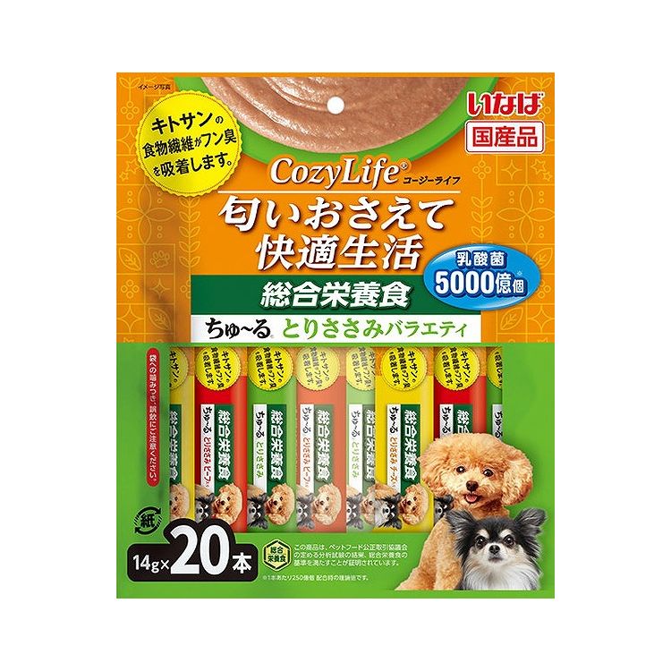 【取り寄せ品のご注意事項（ご注文前にご確認ください）】・本商品は原則注文後のキャンセルはお受けできません。・本商品と他商品で同梱注文をいただき、仮に他商品が完売等でご用意できない場合でも本商品は発送させていただきます。・本商品を複数（2点以上）注文いただき、完売等で注文数のご用意できない場合でもご用意できた数量は発送させていただきます。【商品説明】匂いをおさえて爽快生活！・わんちゃんに必要な栄養素をバランスよく配合した総合栄養食。・食物繊維のキトサンがフンのにおいを吸着します。・乳酸菌5000億個(1本あたり250億個)配合で、わんちゃんの健康を維持し、お腹の調子を保ちます。●原材料(成分)【とりささみ】鶏肉(ささみ)、鶏脂、チキンエキス、酵母エキス、タンパク加水分解物、殺菌乳酸菌、酵母、増粘安定剤(加工でん粉、増粘多糖類)、キトサン、ミネラル類(Ca、Fe、Cu、Mn、Zn、I、K)、ビタミン類(A、D3、E、B1、B2、葉酸、B12、コリン)、紅麹色素【とりささみ ビーフ入り】鶏肉(ささみ)、鶏脂、牛肉、ビーフエキス、酵母エキス、タンパク加水分解物、殺菌乳酸菌、酵母、増粘安定剤(加工でん粉、増粘多糖類)、キトサン、ミネラル類(Ca、Fe、Cu、Mn、Zn、I、K)、ビタミン類(A、D3、E、B1、B2、葉酸、B12、コリン)、紅麹色素【とりささみ チーズ入り】鶏肉(ささみ)、鶏脂、チーズ、チキンエキス、酵母エキス、タンパク加水分解物、殺菌乳酸菌、酵母、増粘安定剤(加工でん粉、増粘多糖類)、キトサン、ミネラル類(Ca、FE、Cu、Mn、Zn、I、K)、ビタミン類(A、D3、E、B1、B2、葉酸、B12、コリン)、紅麹色素●賞味／使用期限(未開封)24ヶ月※仕入れ元の規定により半年以上期限の残った商品のみ出荷致します。●保存方法別途パッケージに記載●メーカー名いなばペットフード 株式会社【送料について】北海道、沖縄、離島は送料を頂きます。