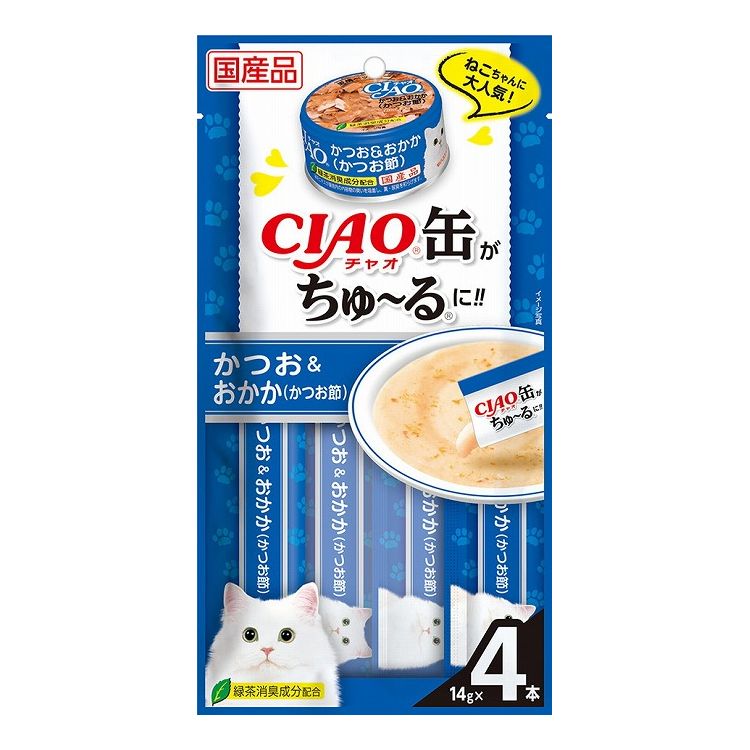 【商品説明】1度食べたらやみつきのおいしさ！・人気の「CIAO缶かつお＆おかか(かつお節)」をちゅ〜るにしました。1度食べたらやみつきになる美味しさ♪・緑茶消臭成分配合で、腸管内の内容物の臭いを吸着し、糞尿臭を和らげます。●原材料(成分)かつお、かつお節、糖類(オリゴ糖等)、植物性油脂、増粘安定剤(加工でん粉、増粘多糖類)、ミネラル類(Na、P、Cl)、調味料(アミノ酸)ビタミンE、緑茶エキス●賞味／使用期限(未開封)24ヶ月※仕入れ元の規定により半年以上期限の残った商品のみ出荷致します。●保存方法別途パッケージに記載●メーカー名いなばペットフード 株式会社【送料について】北海道、沖縄、離島は送料を頂きます。